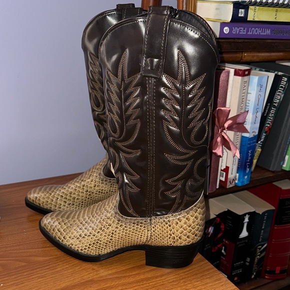 Tony Lama Genuine Snakeskin and Leather Brown and Tan Western Boots